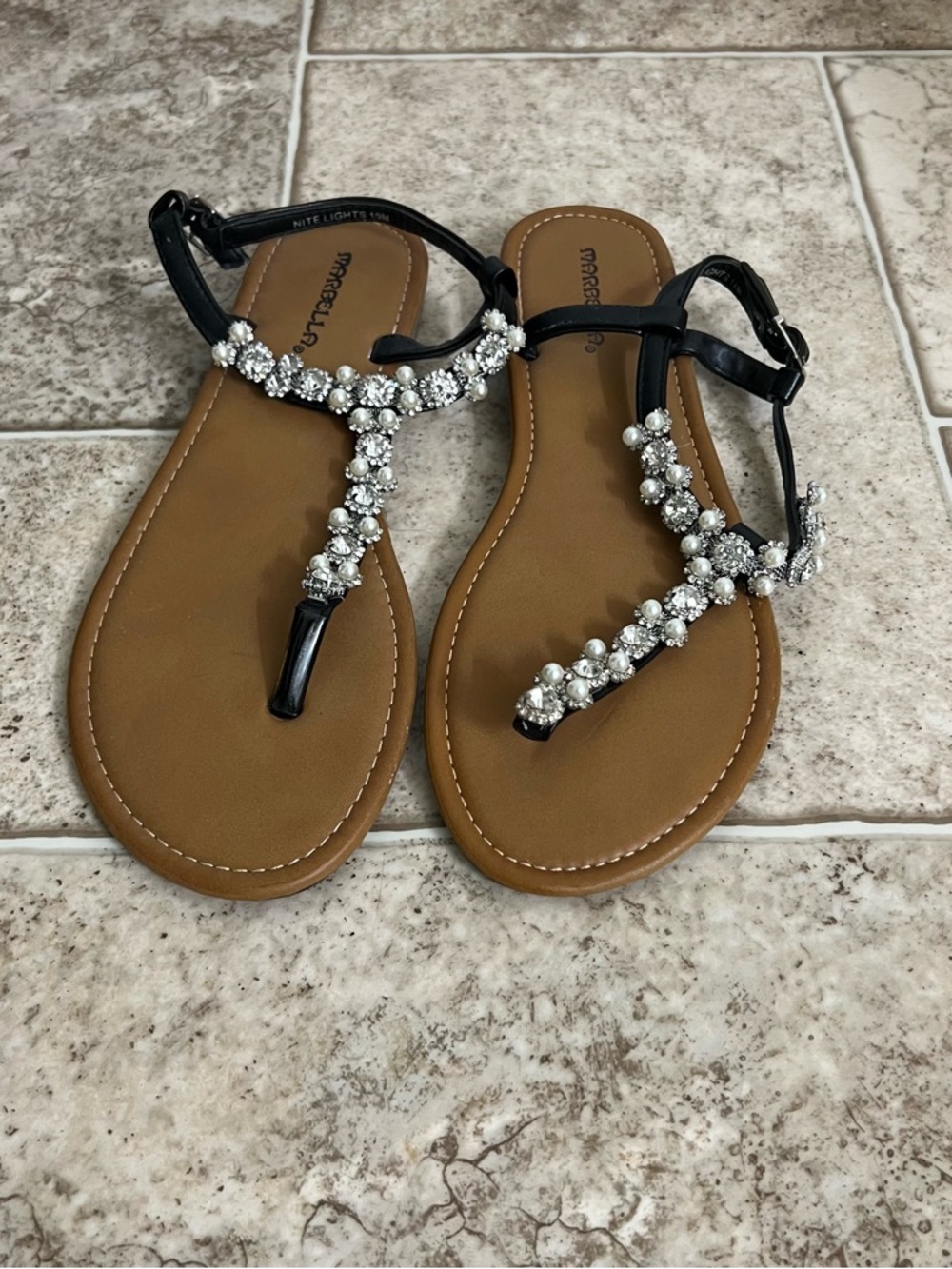 MarBella Women's Black Jeweled T-Strap Sandals